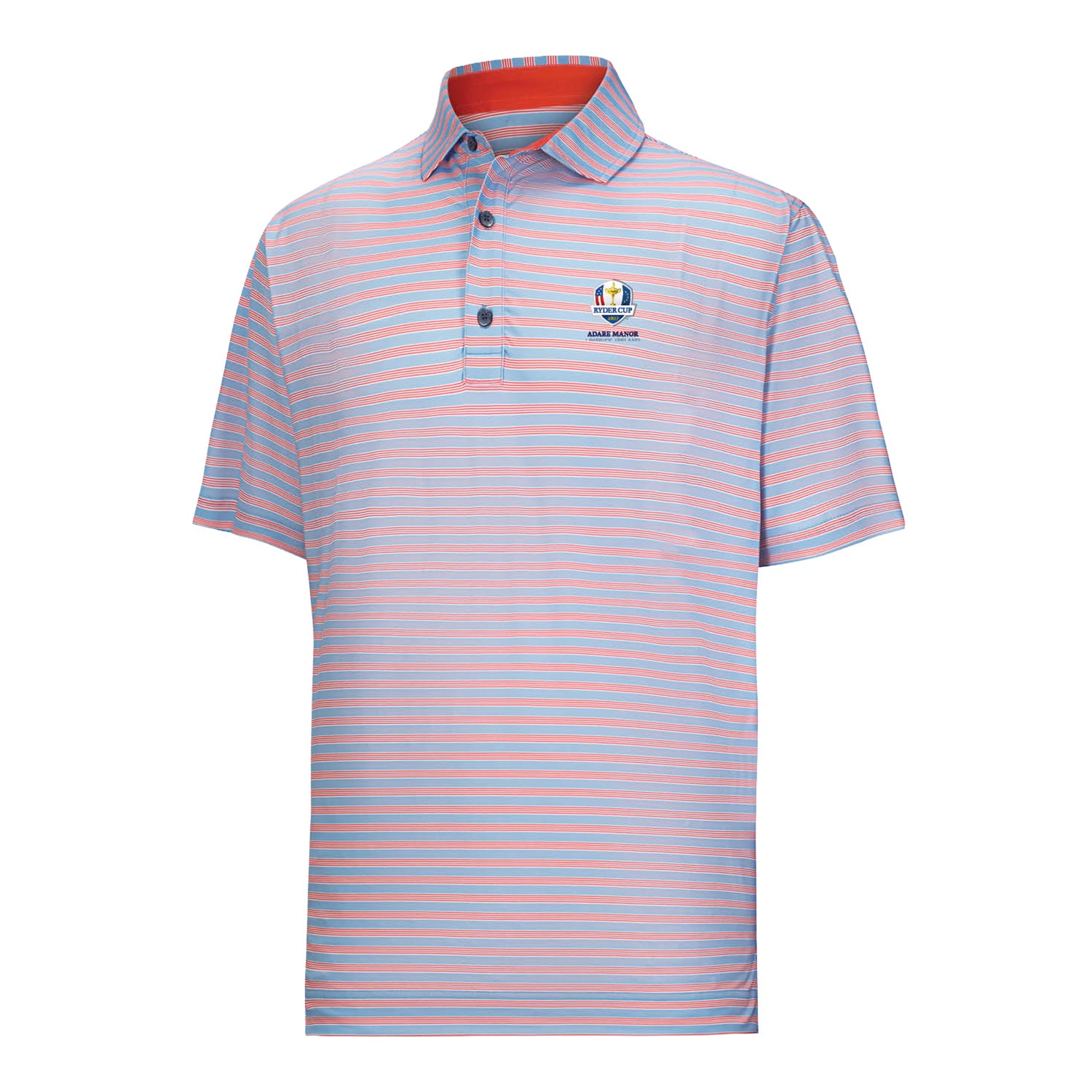 FootJoy 2027 Ryder Cup Pinstripe Cluster Lisle Polo in White, Chambray, and Nantucket Red - Front View