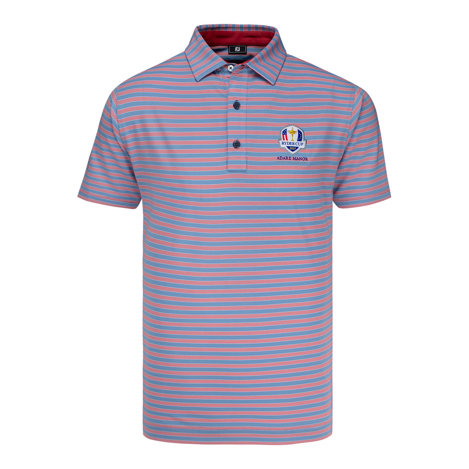 FootJoy 2027 Ryder Cup Pinstripe Cluster Lisle Polo in White, Chambray, and Nantucket Red - Front View