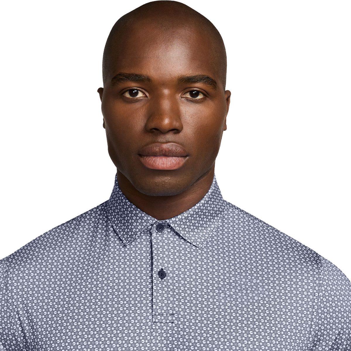Nike 2029 Ryder Cup Micro Print Velocity Polo in College Navy - Close Up Modeled
