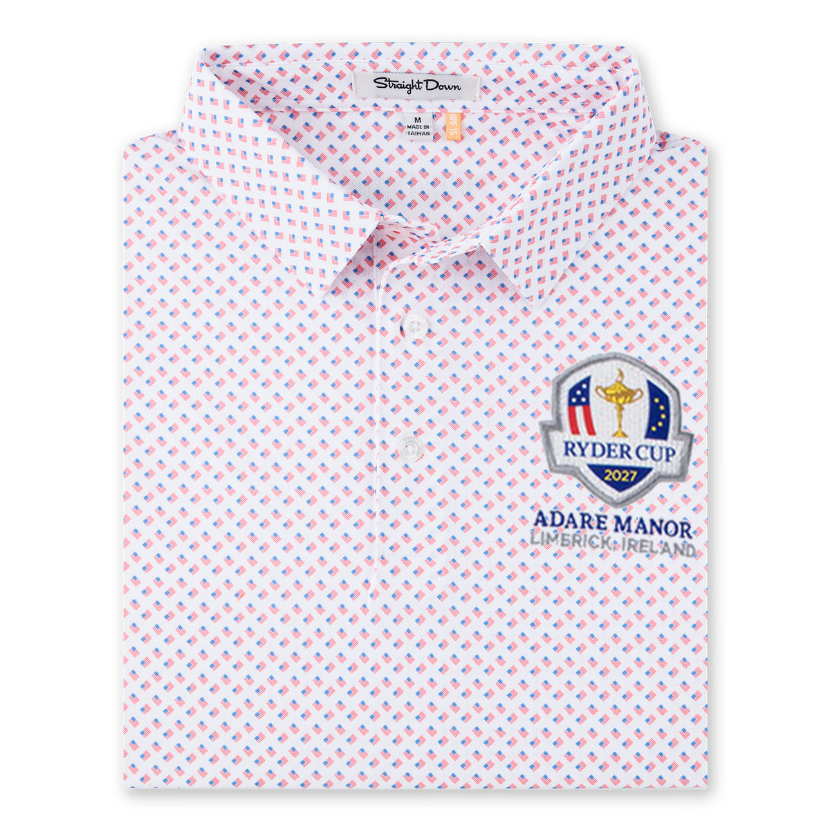 Straight Down 2027 Ryder Cup Old Glory Polo in White - Close Up