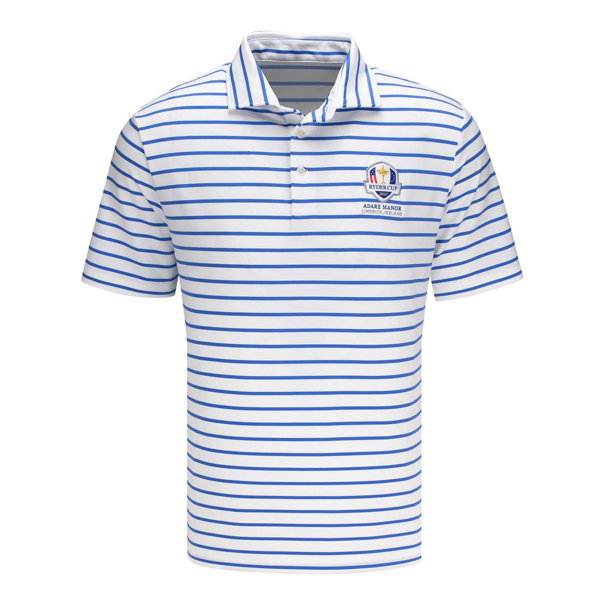 Ralph Lauren 2027 Ryder Cup Wide Stripe Polo in White and Maidstone Blue - Front