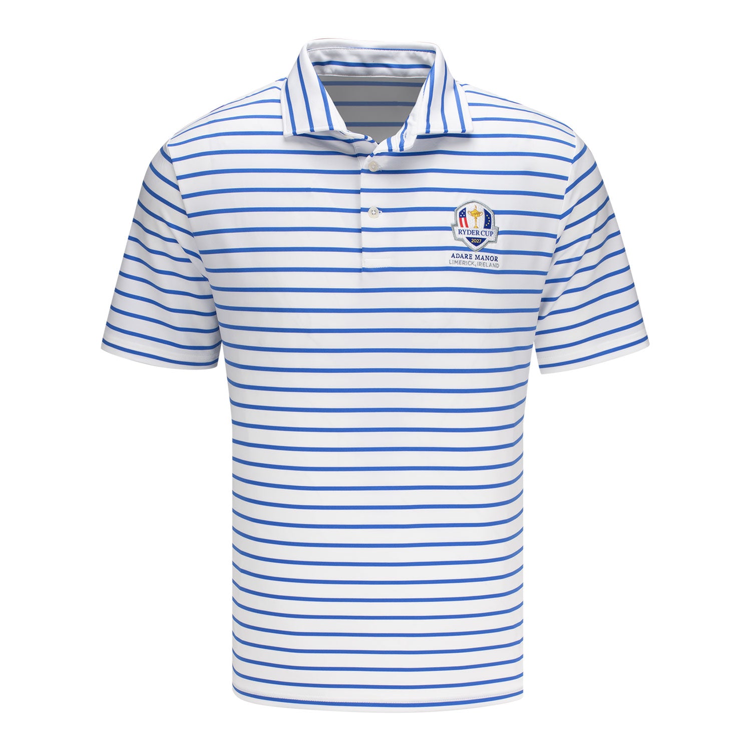 Ralph Lauren 2027 Ryder Cup Wide Stripe Polo in White and Maidstone Blue - Front
