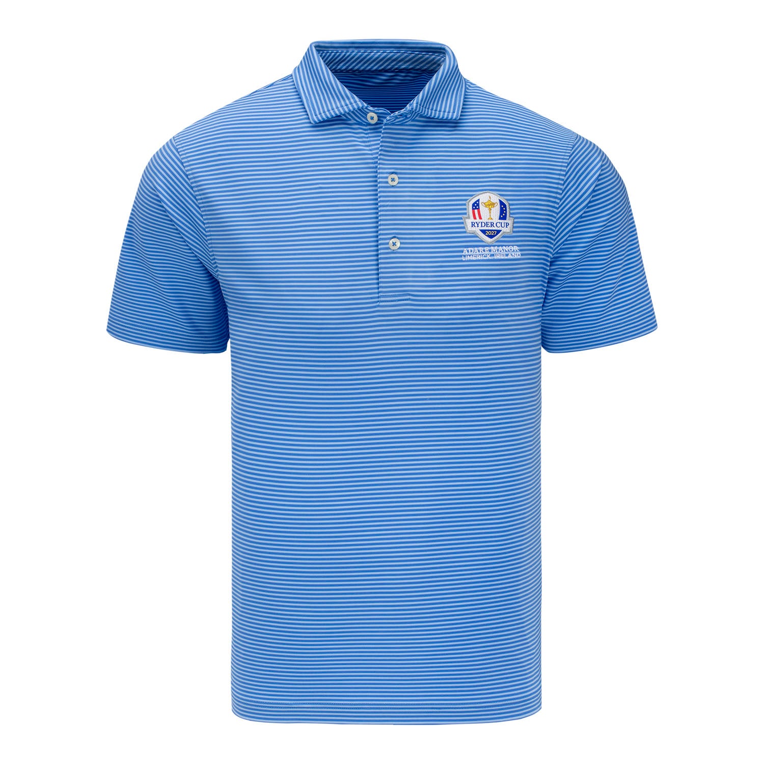 Fairway & Greene 2027 Ryder Cup Park Stripe Polo in Blue - Front View