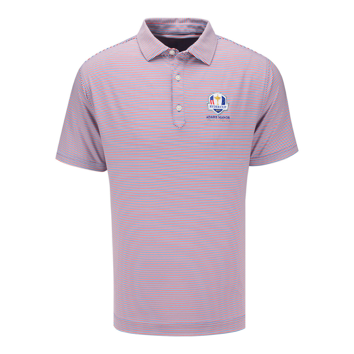 FootJoy 2027 Ryder Cup Smooth Stripe Polo in White, Nantucket, and Riviera Blue - Front
