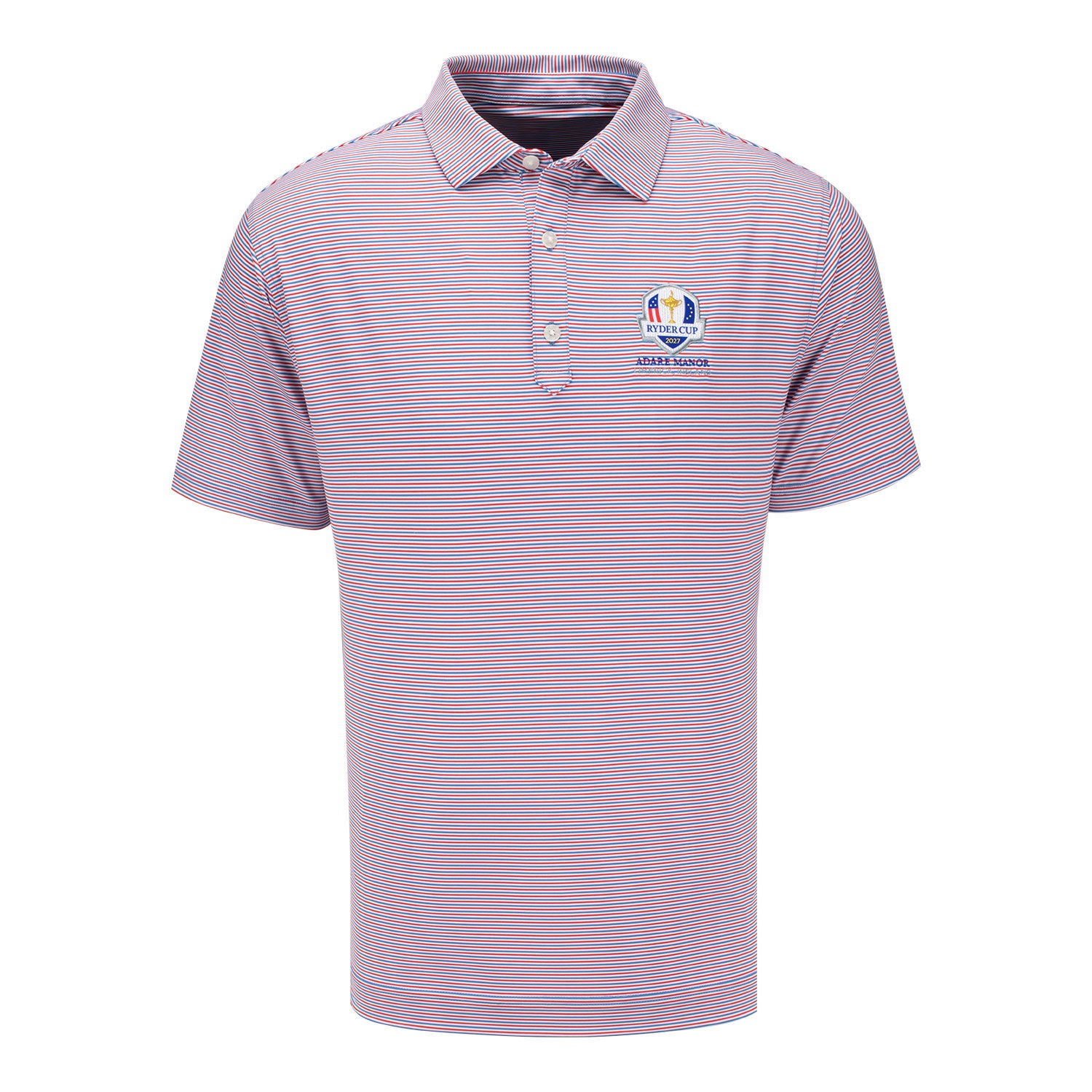 FootJoy 2027 Ryder Cup Smooth Stripe Polo in White, Nantucket, and Riviera Blue - Front