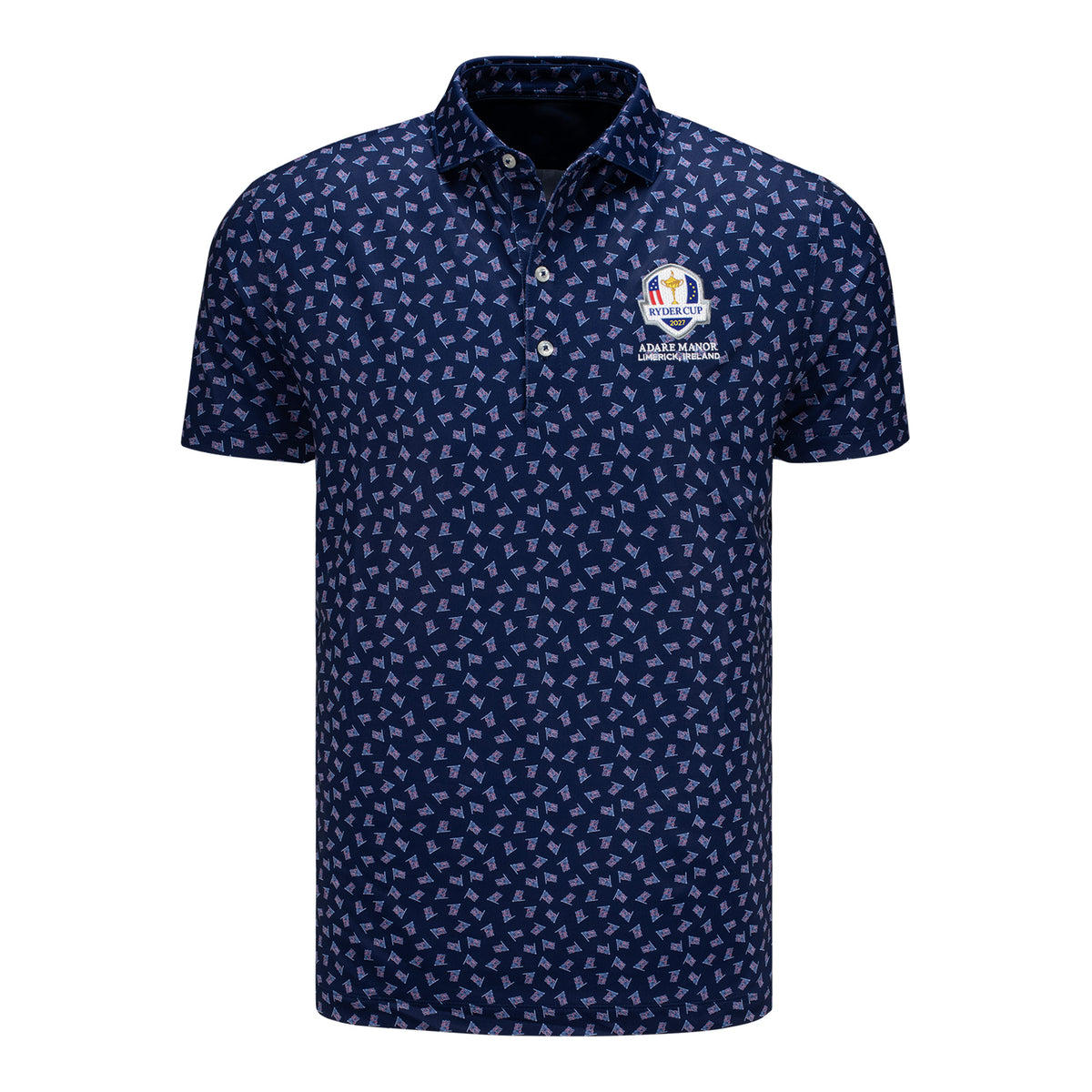 Johnnie-O 2027 Ryder Cup USA Flag Performance Jersey Polo in Navy - Front