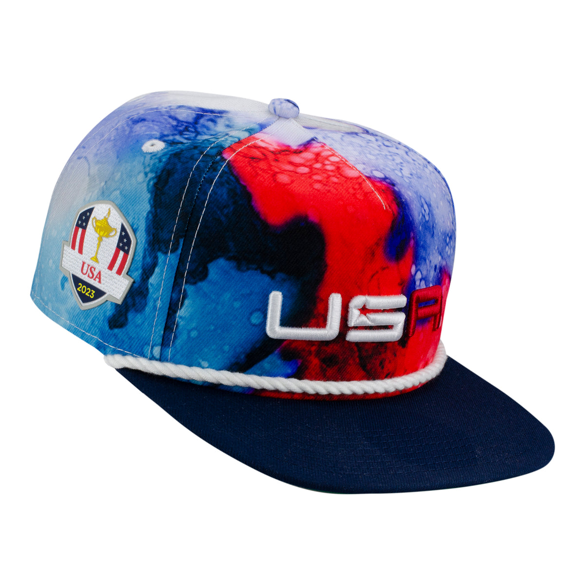 New Era 2023 Ryder Cup Welcome to The Team Golfer Hat in Tie Dye Red, White, and Blue-Side View