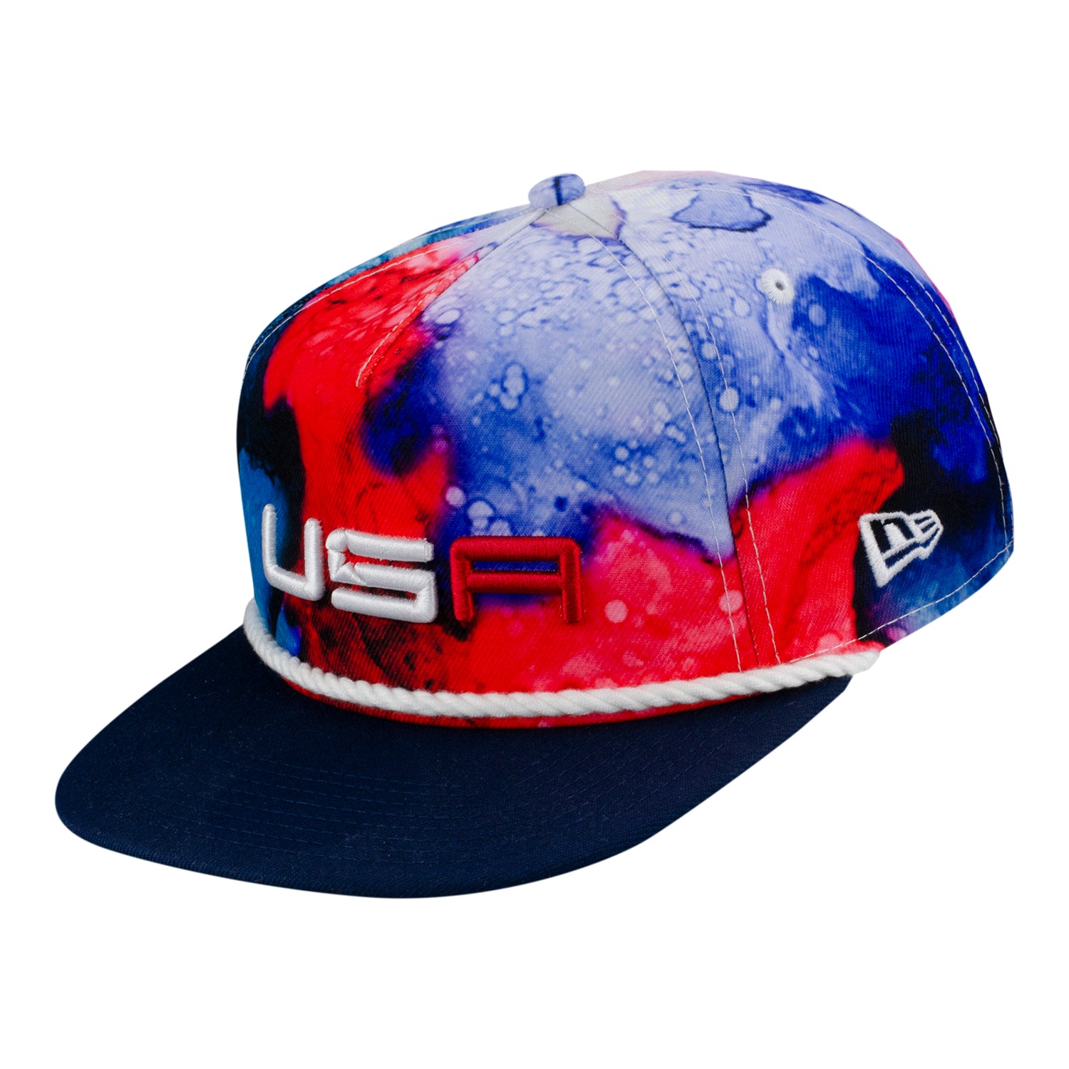 New Era 2023 Ryder Cup Welcome to The Team Golfer Hat in Tie Dye Red, White, and Blue-Front View