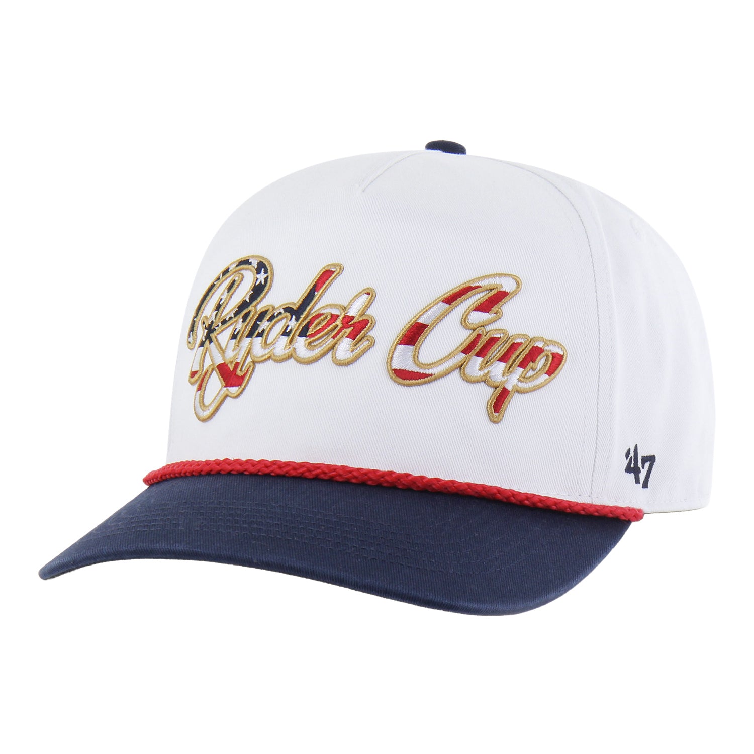 '47 Brand 2025 Ryder Cup Overhand Hitch Rope Hat in White and Navy - Angled Front Left View