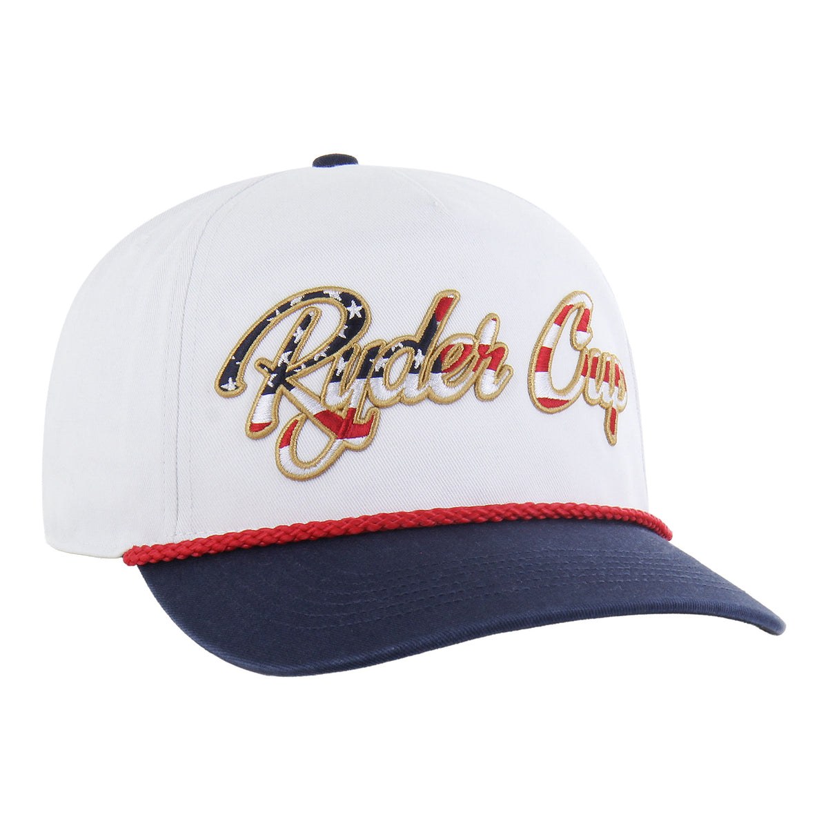 &#39;47 Brand 2025 Ryder Cup Overhand Hitch Rope Hat in White and Navy - Angled Front Right View