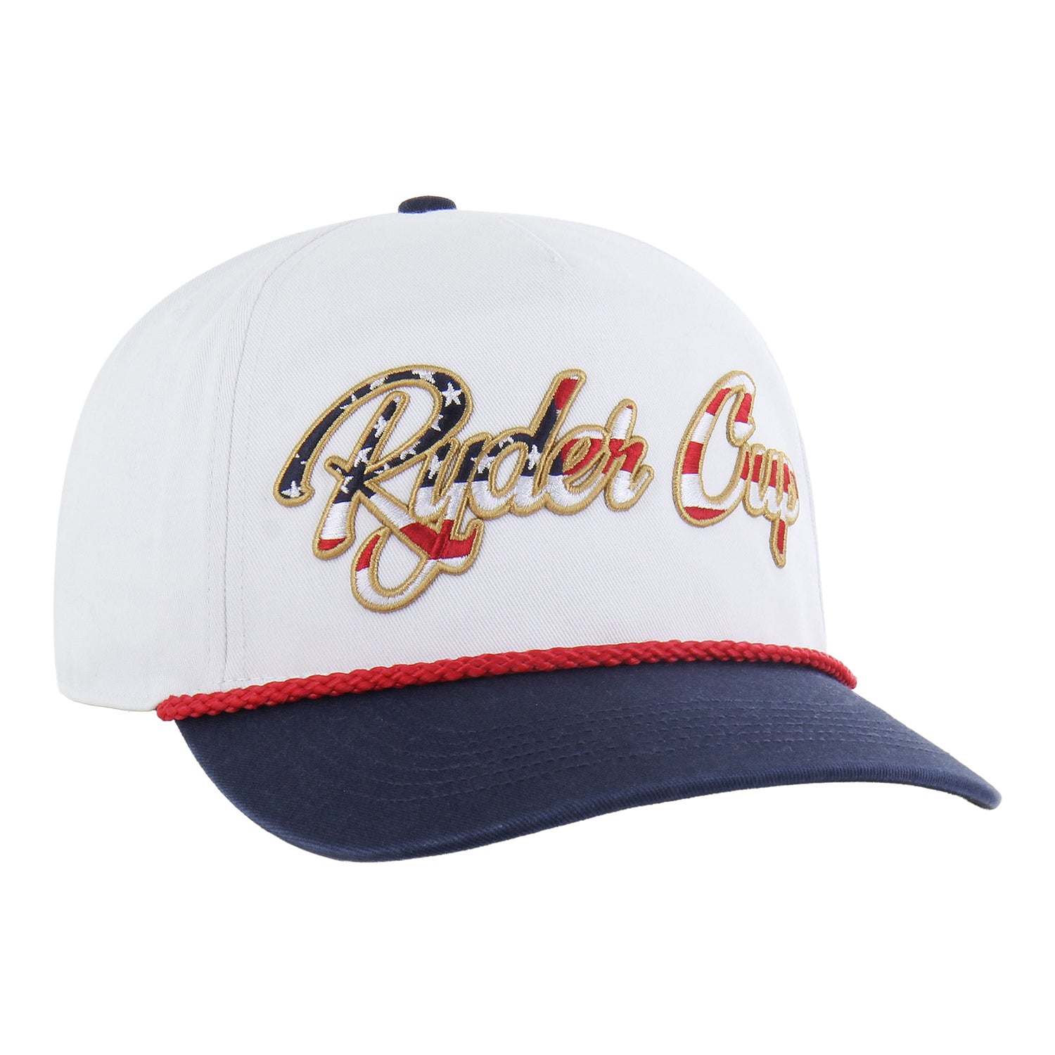 '47 Brand 2025 Ryder Cup Overhand Hitch Rope Hat in White and Navy - Angled Front Left View