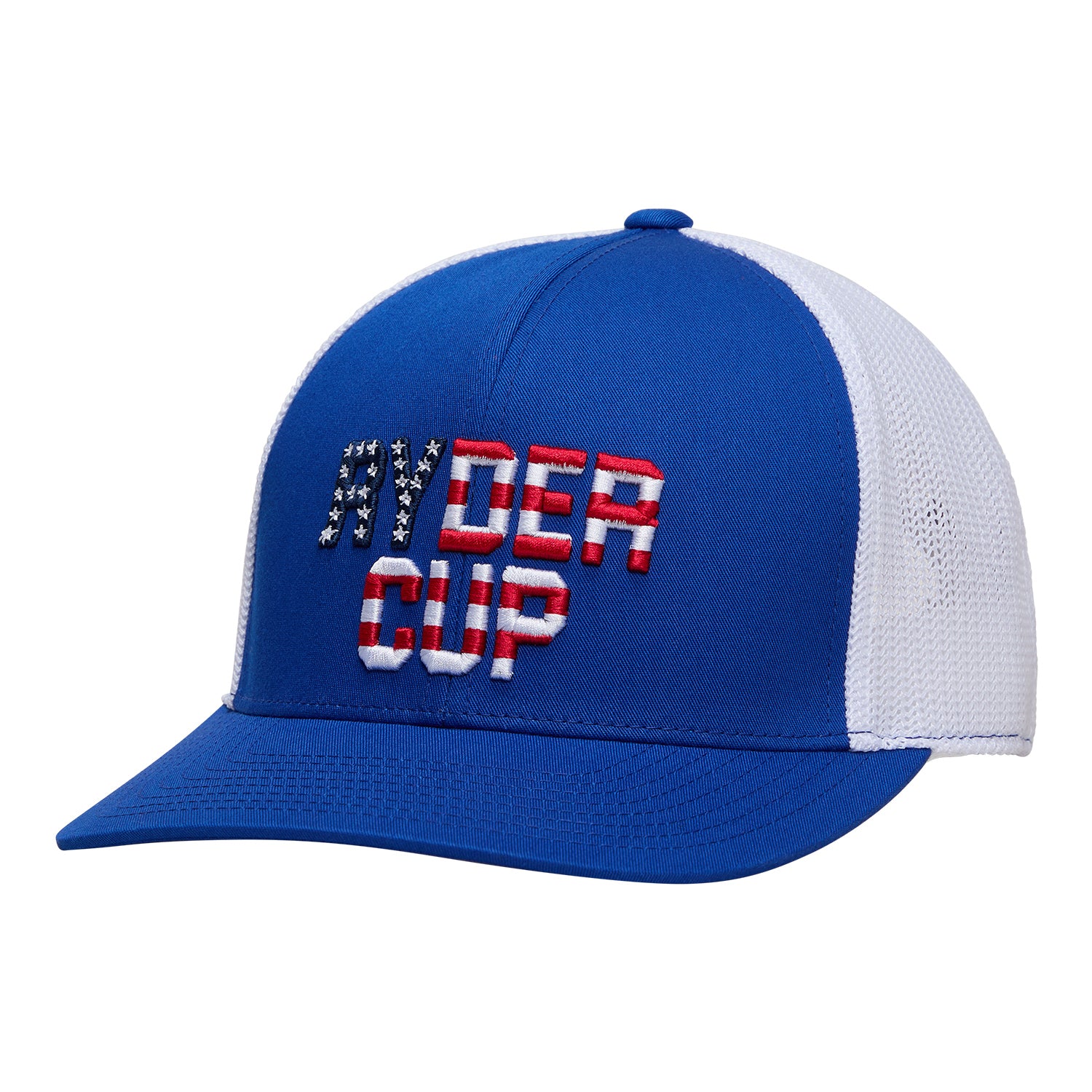 GFORE 2025 Ryder Cup Mid Trucker Stretch Meshback Hat in Racer and Snow - Angled Front Left View