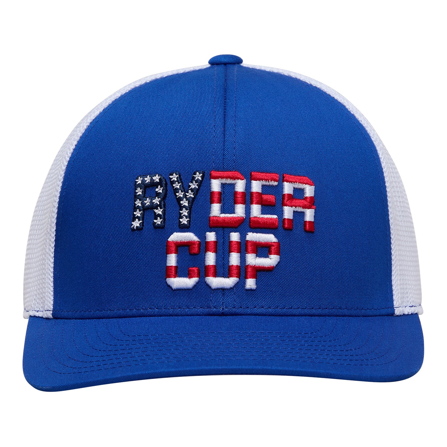 GFORE 2025 Ryder Cup Mid Trucker Stretch Meshback Hat in Racer and Snow - Angled Front Left View
