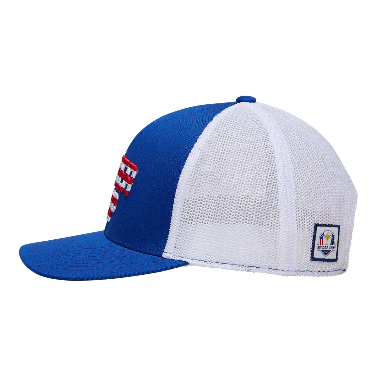 GFORE 2025 Ryder Cup Mid Trucker Stretch Meshback Hat in Racer and Snow - Left Side View