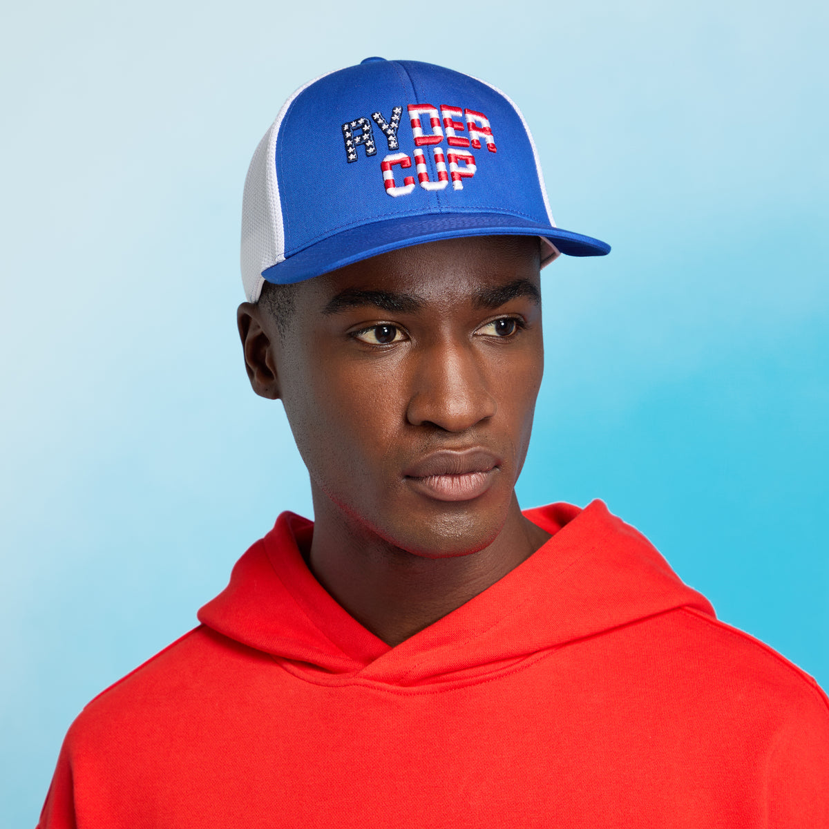 GFORE 2025 Ryder Cup Mid Trucker Stretch Meshback Hat in Racer and Snow - Modeled Male