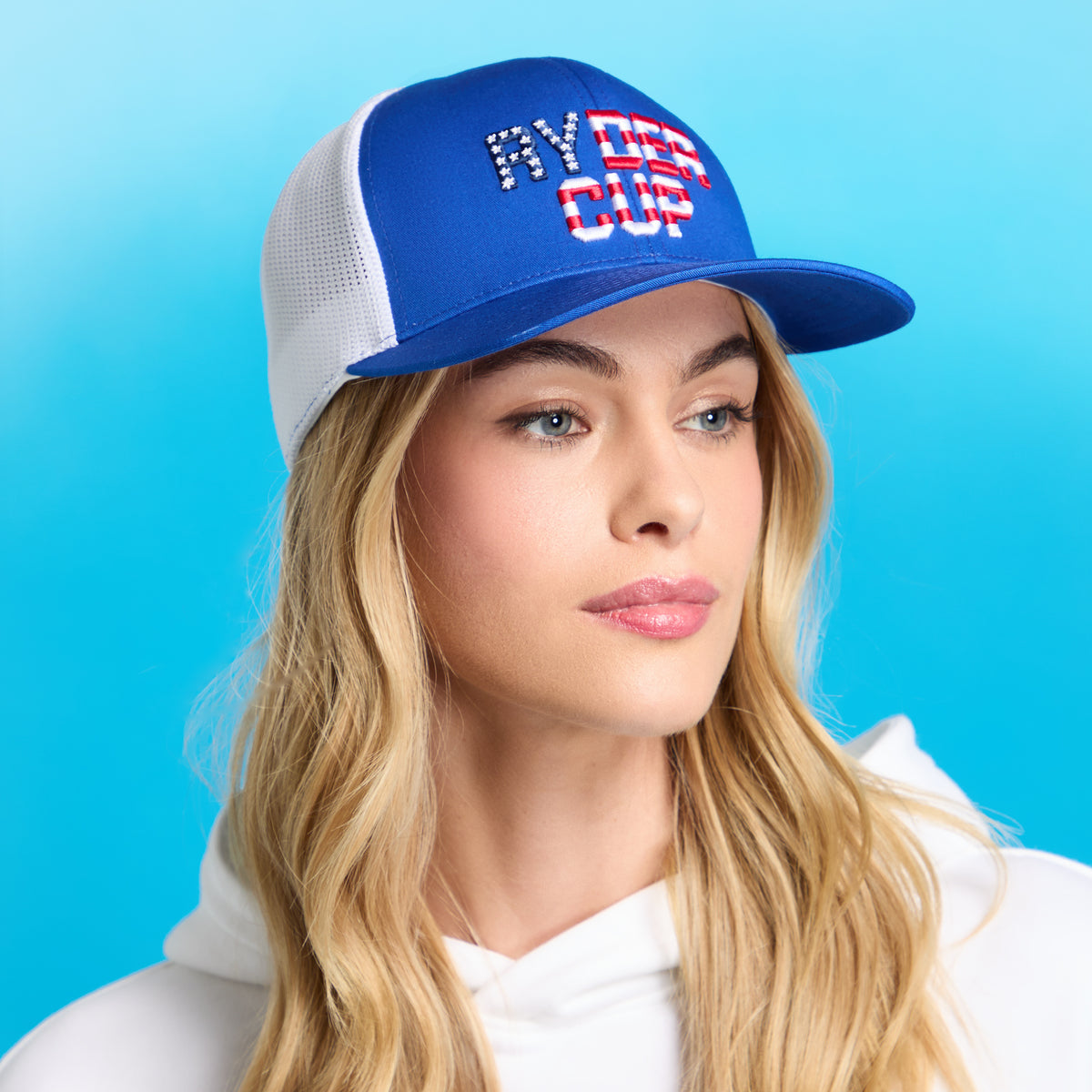 GFORE 2025 Ryder Cup Mid Trucker Stretch Meshback Hat in Racer and Snow - Modeled Female
