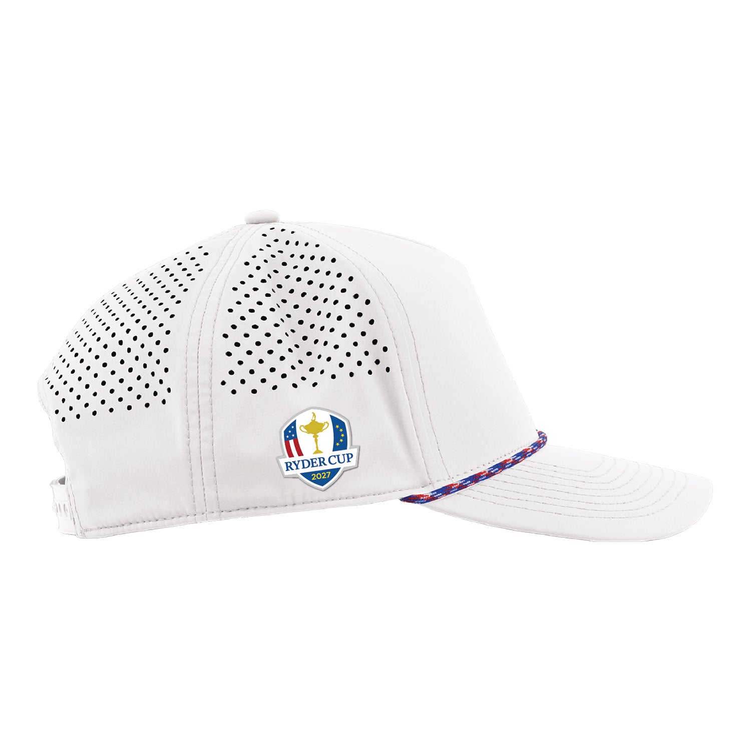 Branded Bills 2027 Ryder Cup 545 Performance Series Curved 5-Panel Rope Eagle Hat in White with Red, White, and Blue Rope - Front
