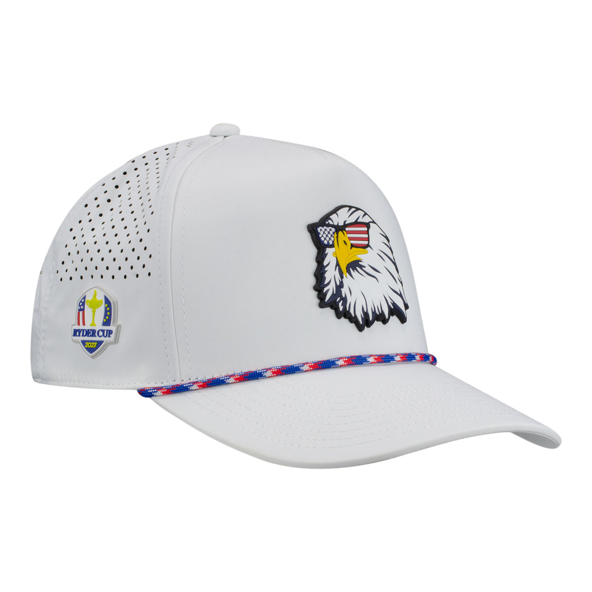 Branded Bills 2027 Ryder Cup 545 Performance Series Curved 5-Panel Rope Eagle Hat in White with Red, White, and Blue Rope - Front Right