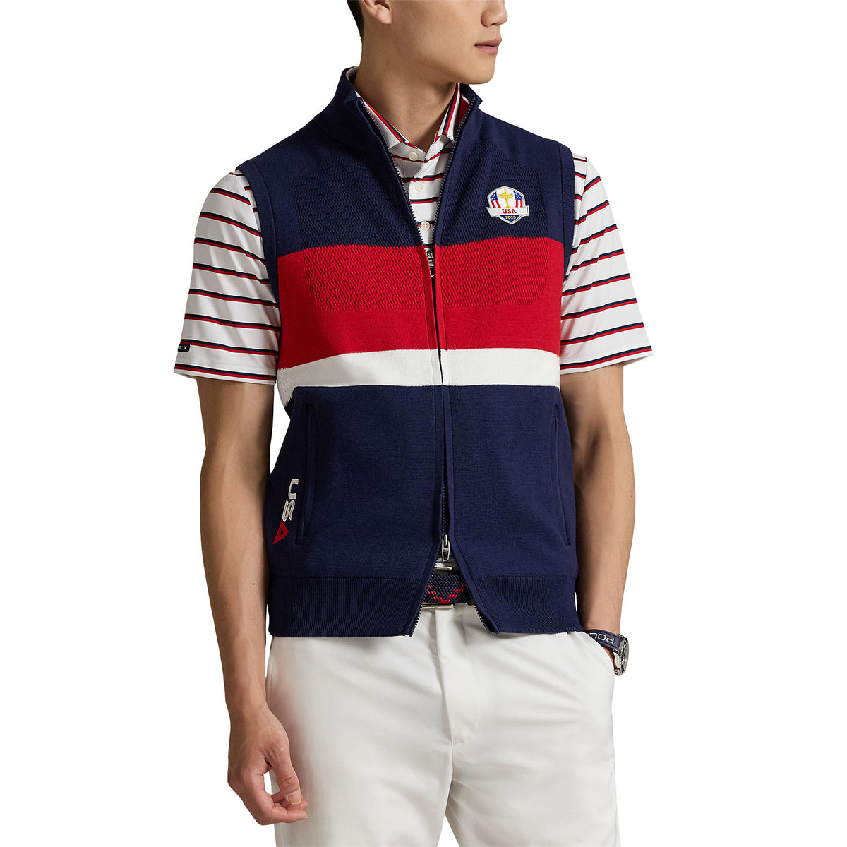 Ralph Lauren 2025 Ryder Cup Performance Sweater Vest in Refined Navy Multi - Modeled Front View