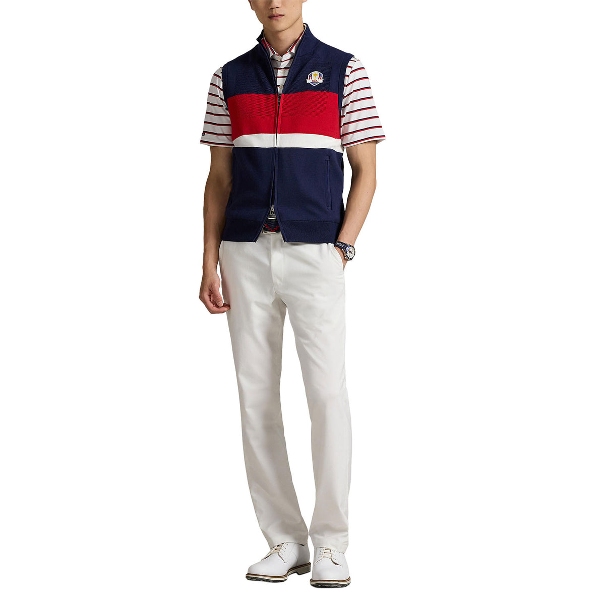 Ralph Lauren 2025 Ryder Cup Performance Sweater Vest in Refined Navy Multi - Modeled Full View