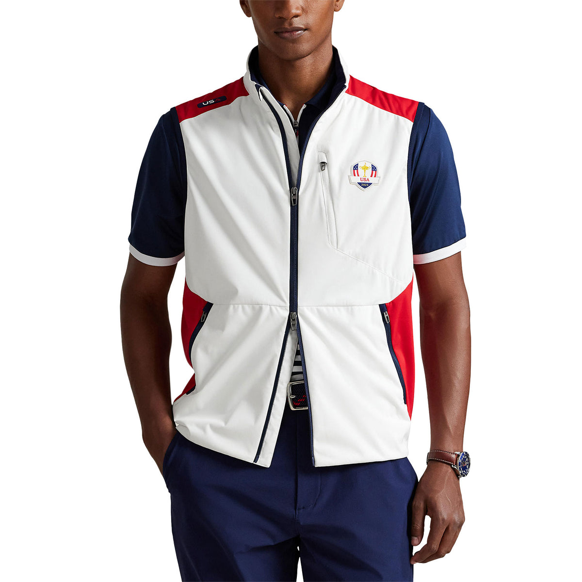 Ralph Lauren 2025 Ryder Cup Packable Vest in Ceramic White Multi - Modeled Front View