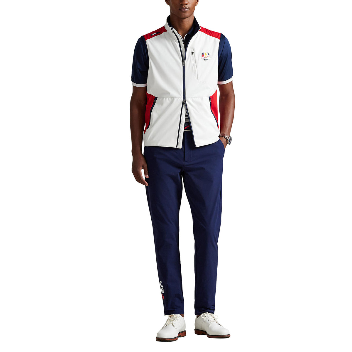 Ralph Lauren 2025 Ryder Cup Packable Vest in Ceramic White Multi - Modeled Full View