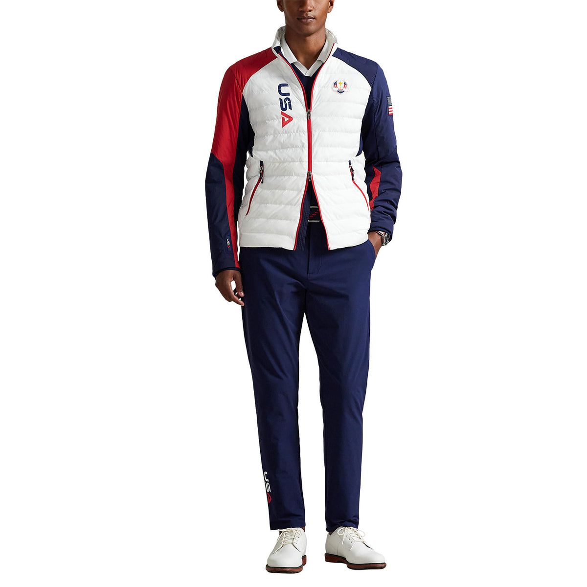 Ralph Lauren 2025 Ryder Cup Jacket in Ceramic White Multi - Modeled Full View