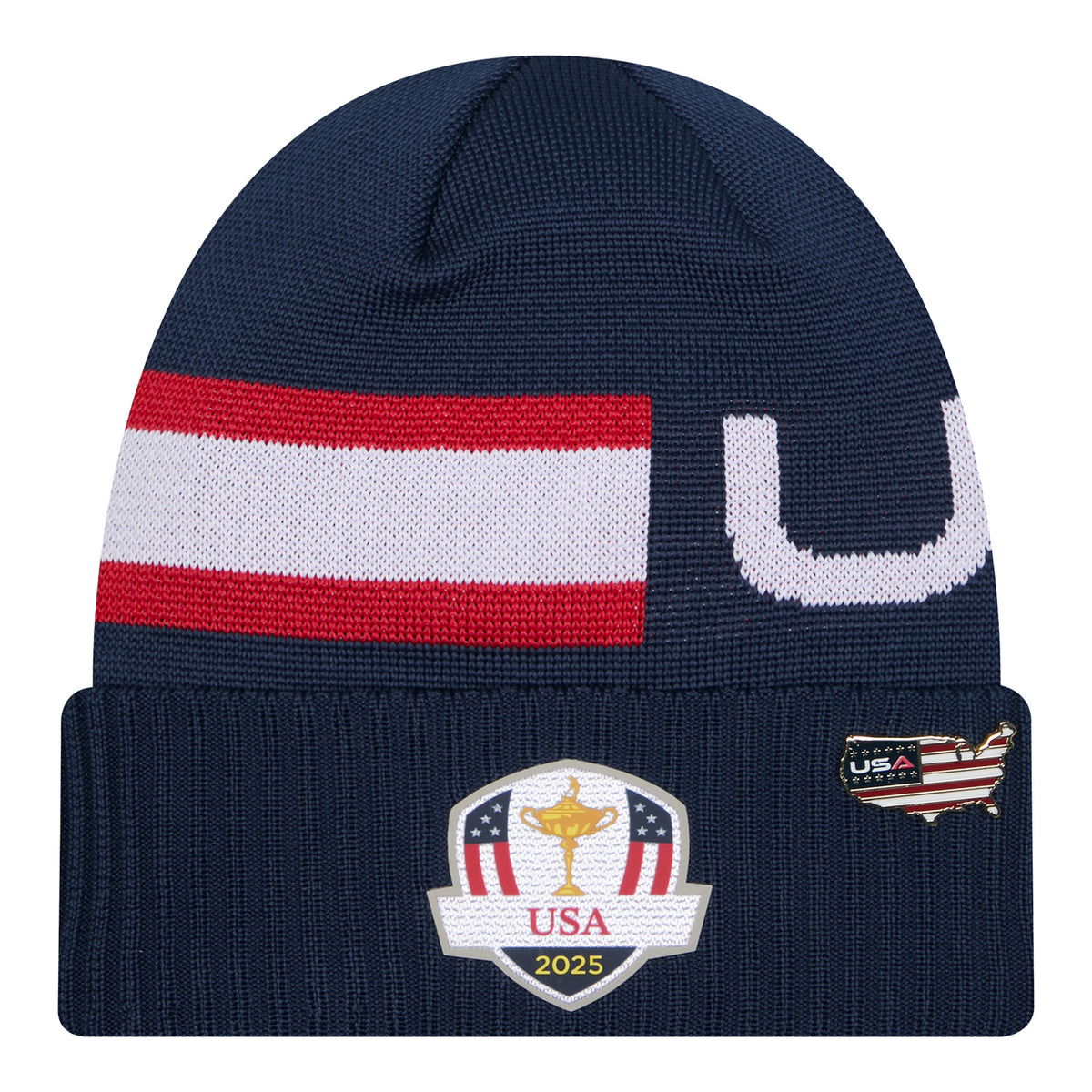 New Era 2025 Ryder Cup Team Beanie in Navy and Red - Front View