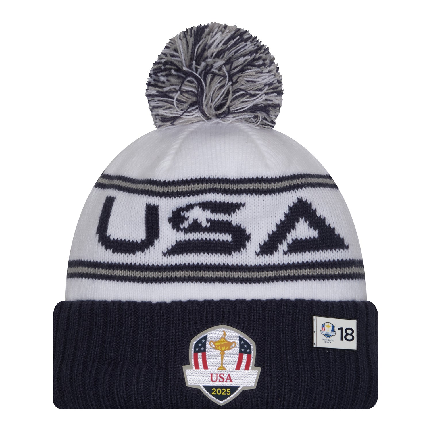 New Era 2025 Ryder Cup Team Pom Beanie in Navy and White - Front View