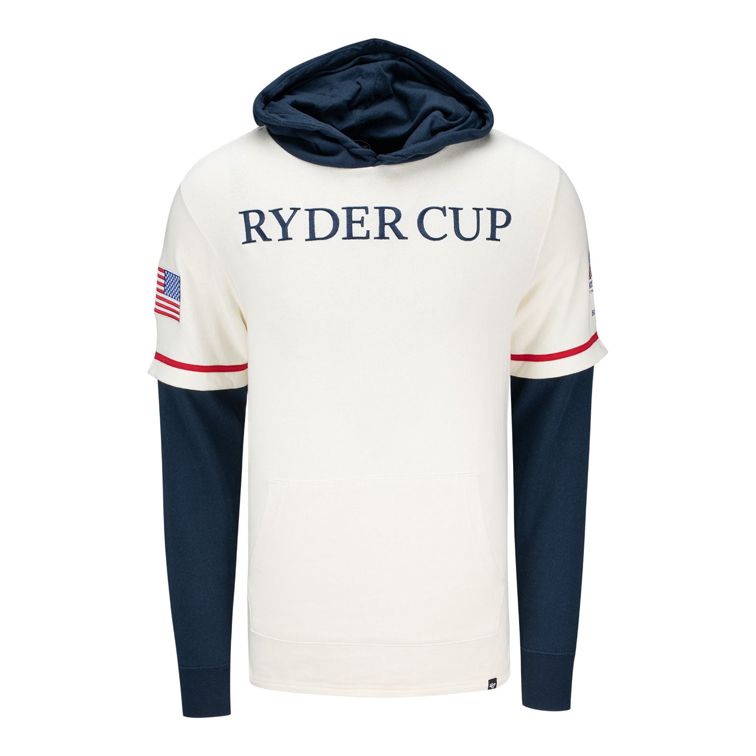 '47 Brand 2025 Ryder Cup Trifecta Shortstop Pullover Hoodie in Cream and Navy - Front View