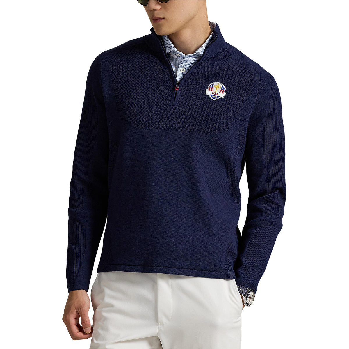 Ralph Lauren 2025 Ryder Cup Performance Sweater in Refined Navy - Modeled Front View