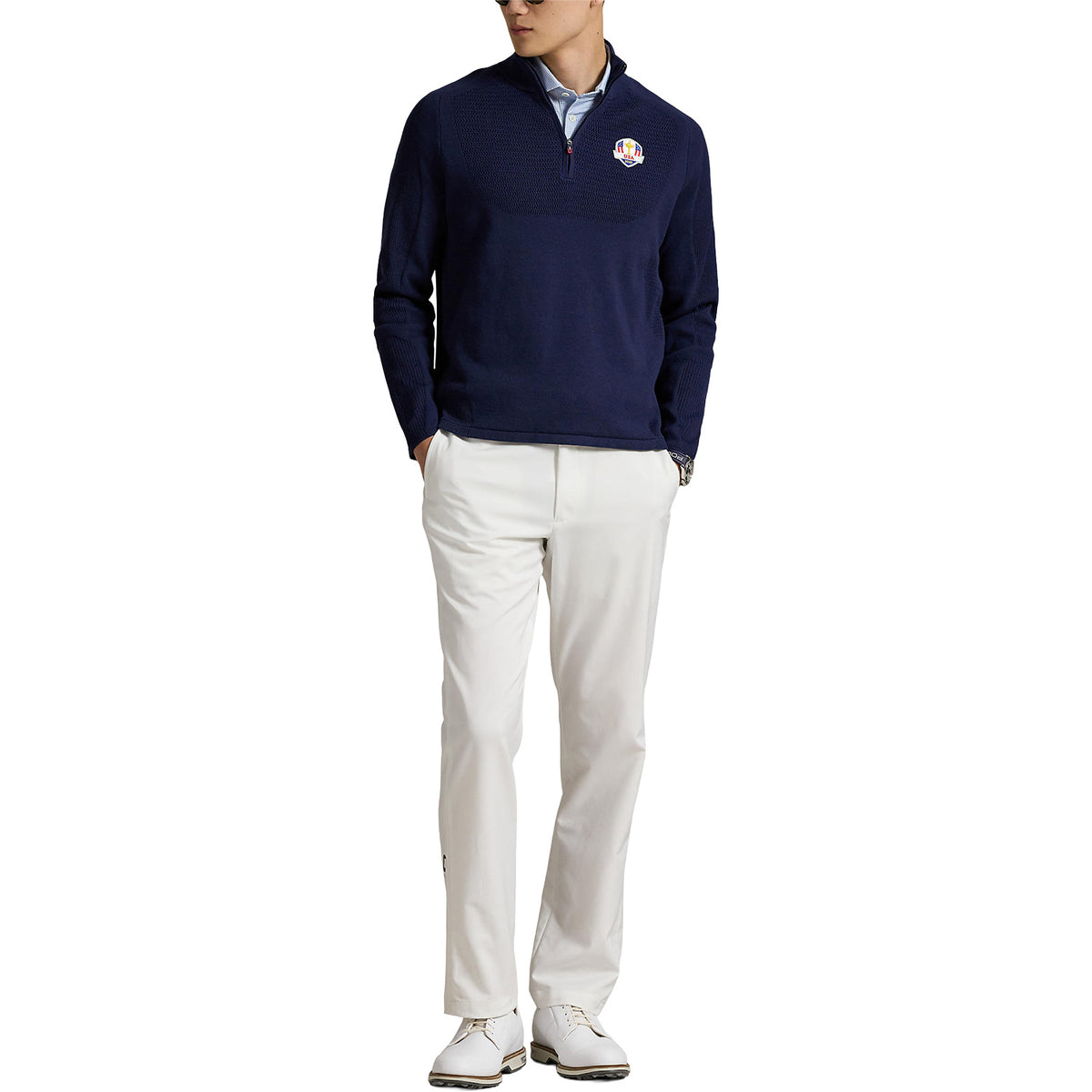 Ralph Lauren 2025 Ryder Cup Performance Sweater in Refined Navy - Modeled Full Body View