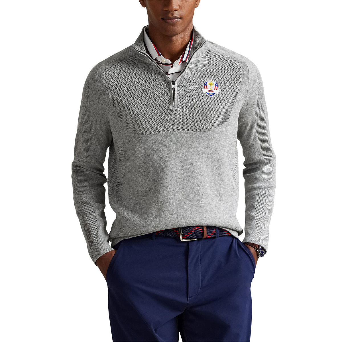 Ralph Lauren 2025 Ryder Cup Performance Sweater in Andover Heather - Modeled Front View