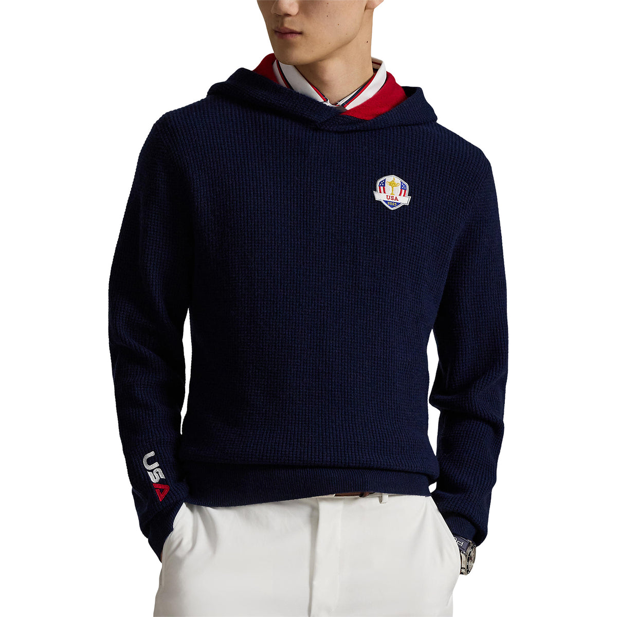 Ralph Lauren 2025 Ryder Cup Waffle Knit Sweater in Refined Navy - Modeled Front View