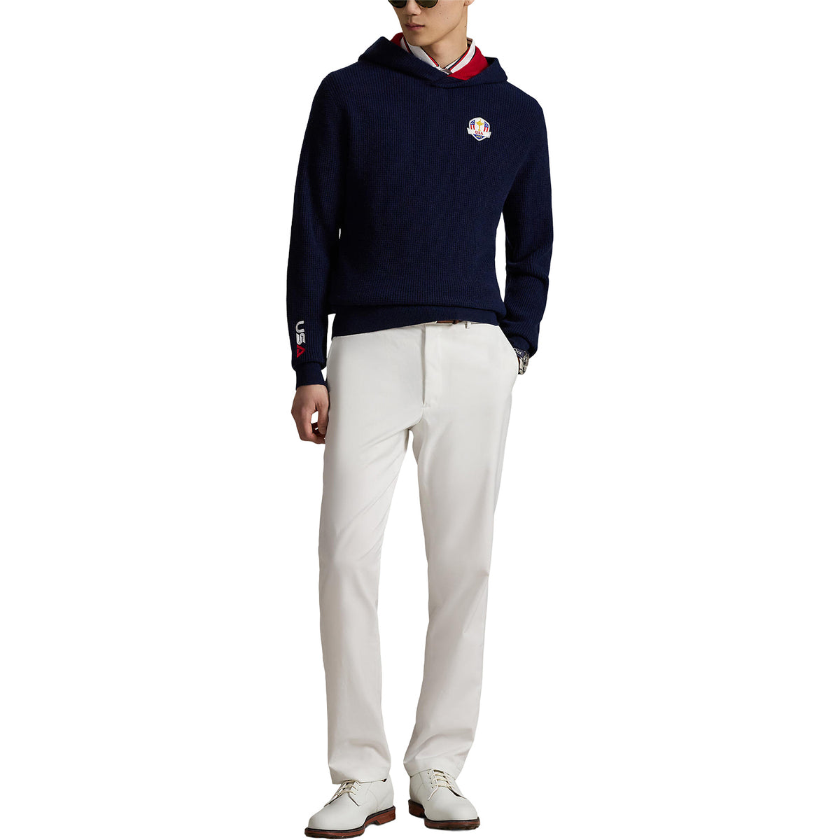 Ralph Lauren 2025 Ryder Cup Waffle Knit Sweater in Refined Navy - Modeled Full Body