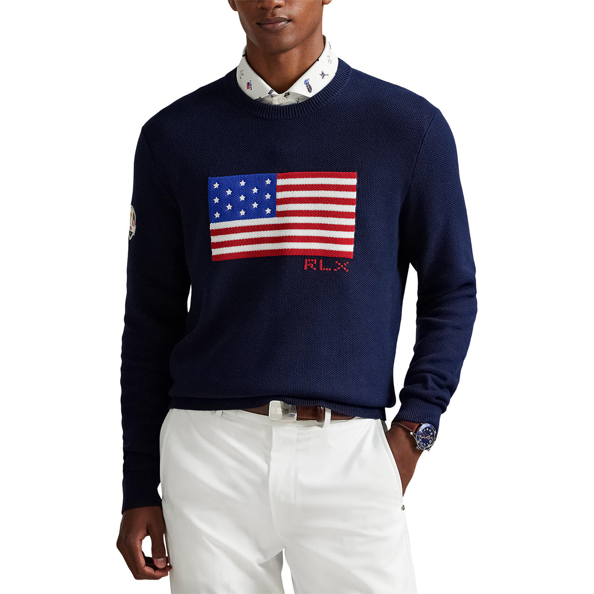 Ralph Lauren 2025 Ryder Cup Flag Sweater in Refined Navy - Modeled Front View