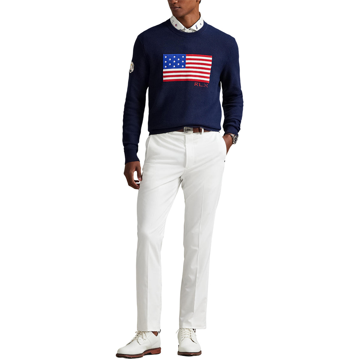 Ralph Lauren 2025 Ryder Cup Flag Sweater in Refined Navy - Modeled Full Body