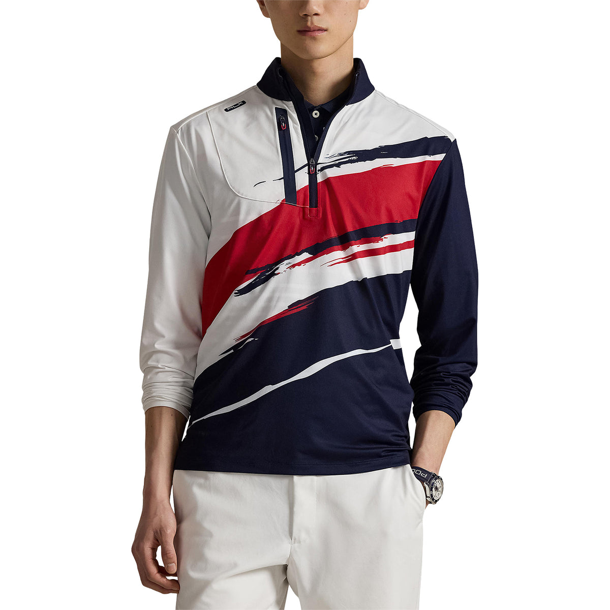 Ralph Lauren 2025 Ryder Cup Stretch Jersey Pullover in Tour Brush Ceramic - Front Modeled View