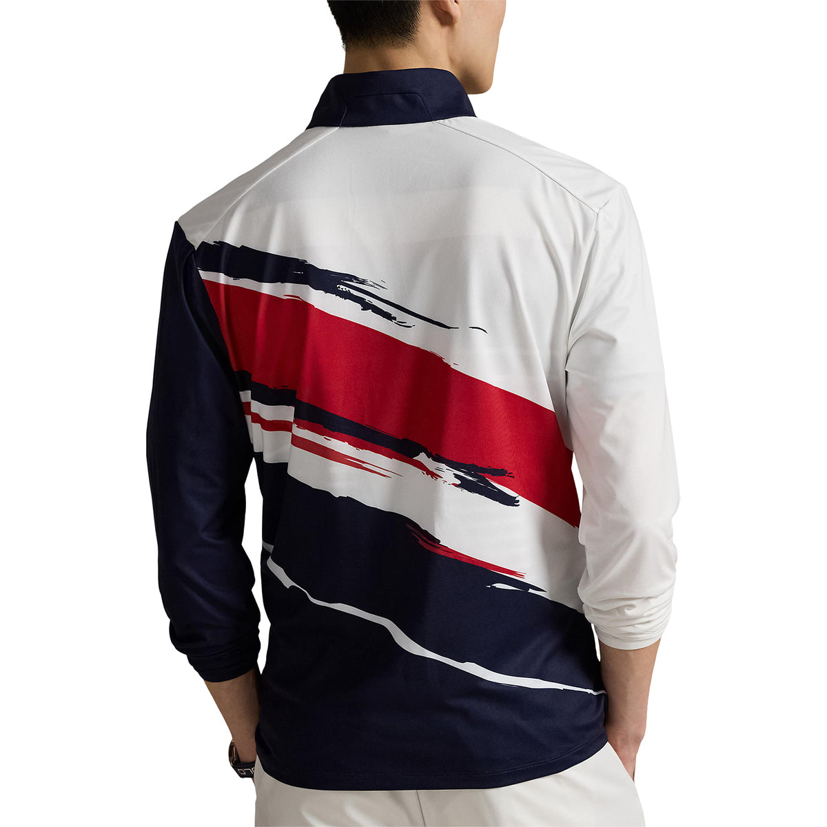 Ralph Lauren 2025 Ryder Cup Stretch Jersey Pullover in Tour Brush Ceramic - Back Modeled View