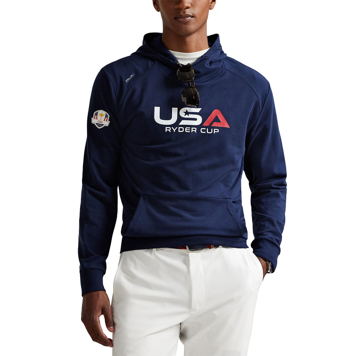 Ralph Lauren 2025 Ryder Cup Loopback Fleece Hoodie in Refined Navy - Modeled Front View