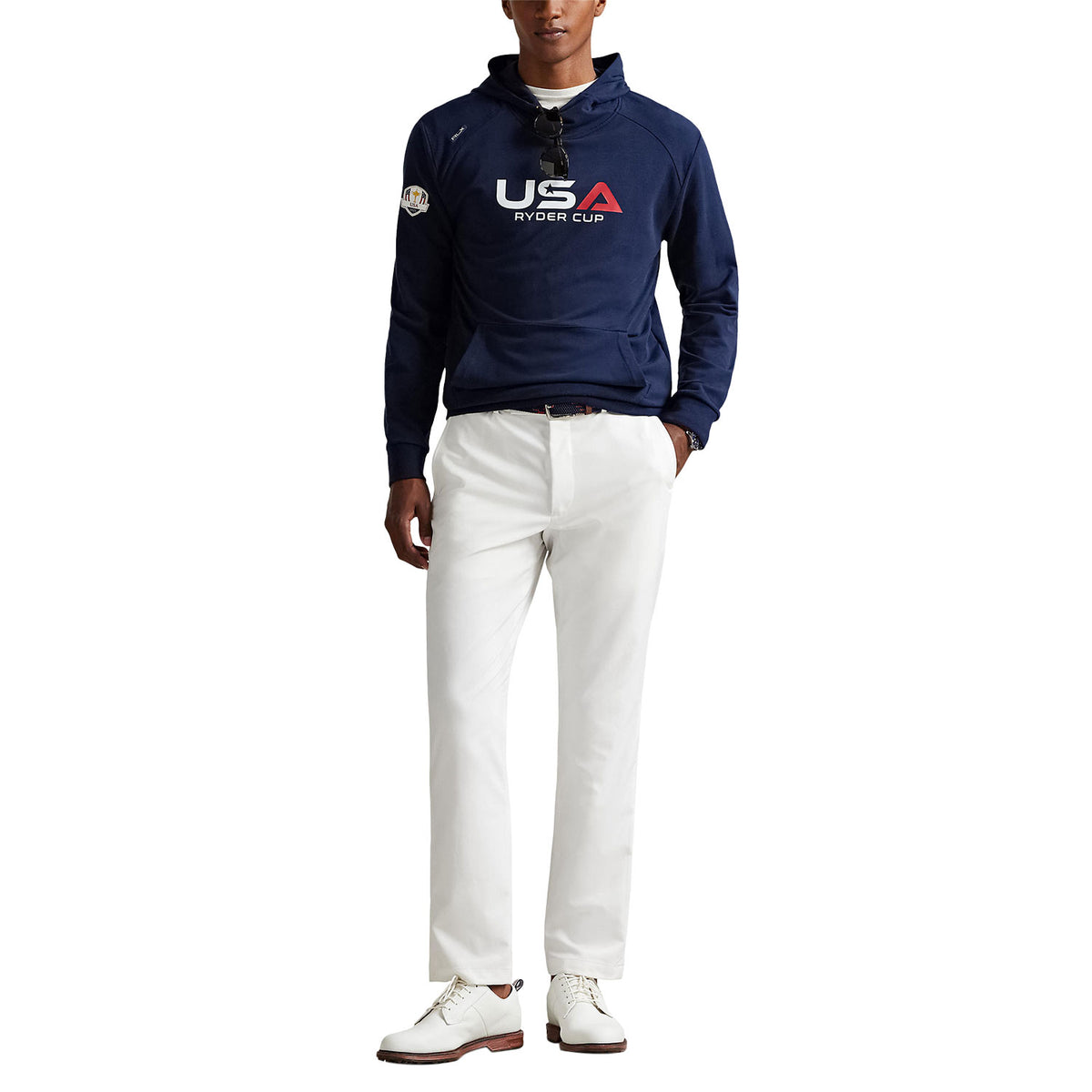 Ralph Lauren 2025 Ryder Cup Loopback Fleece Hoodie in Refined Navy - Modeled Full View