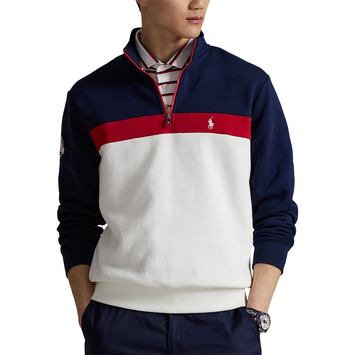 Ralph Lauren 2025 Ryder Cup Fleece Quarter Zip Sweatshirt in Refined Navy Multi - Modeled Front View