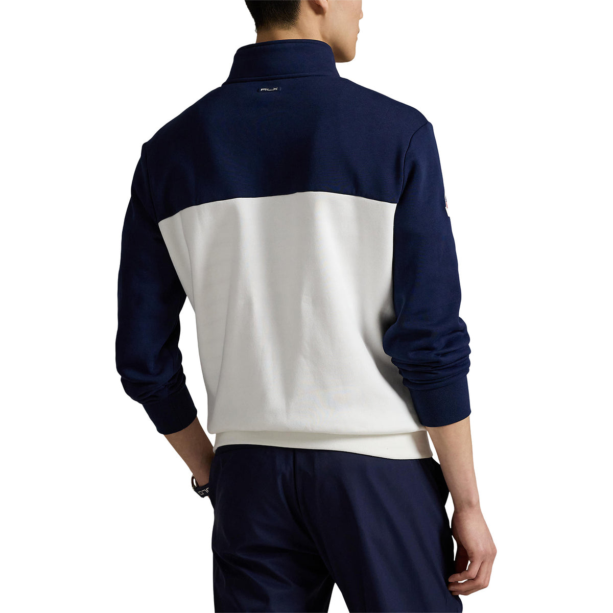 Ralph Lauren 2025 Ryder Cup Fleece Quarter Zip Sweatshirt in Refined Navy Multi - Modeled Back View