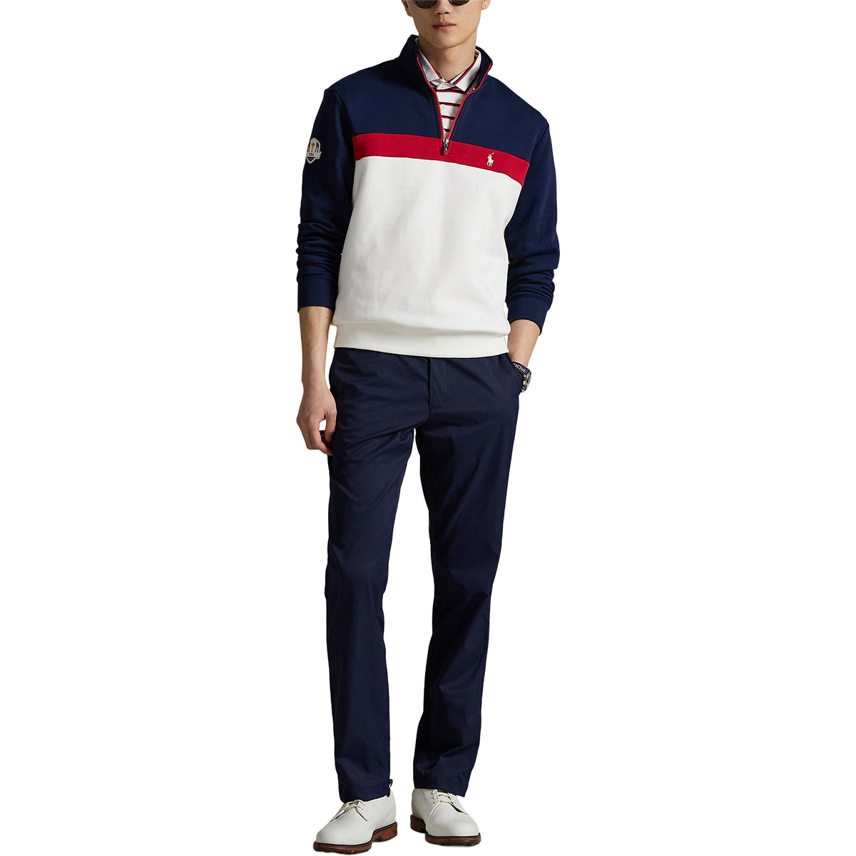Ralph Lauren 2025 Ryder Cup Fleece Quarter Zip Sweatshirt in Refined Navy Multi - Modeled Full Body