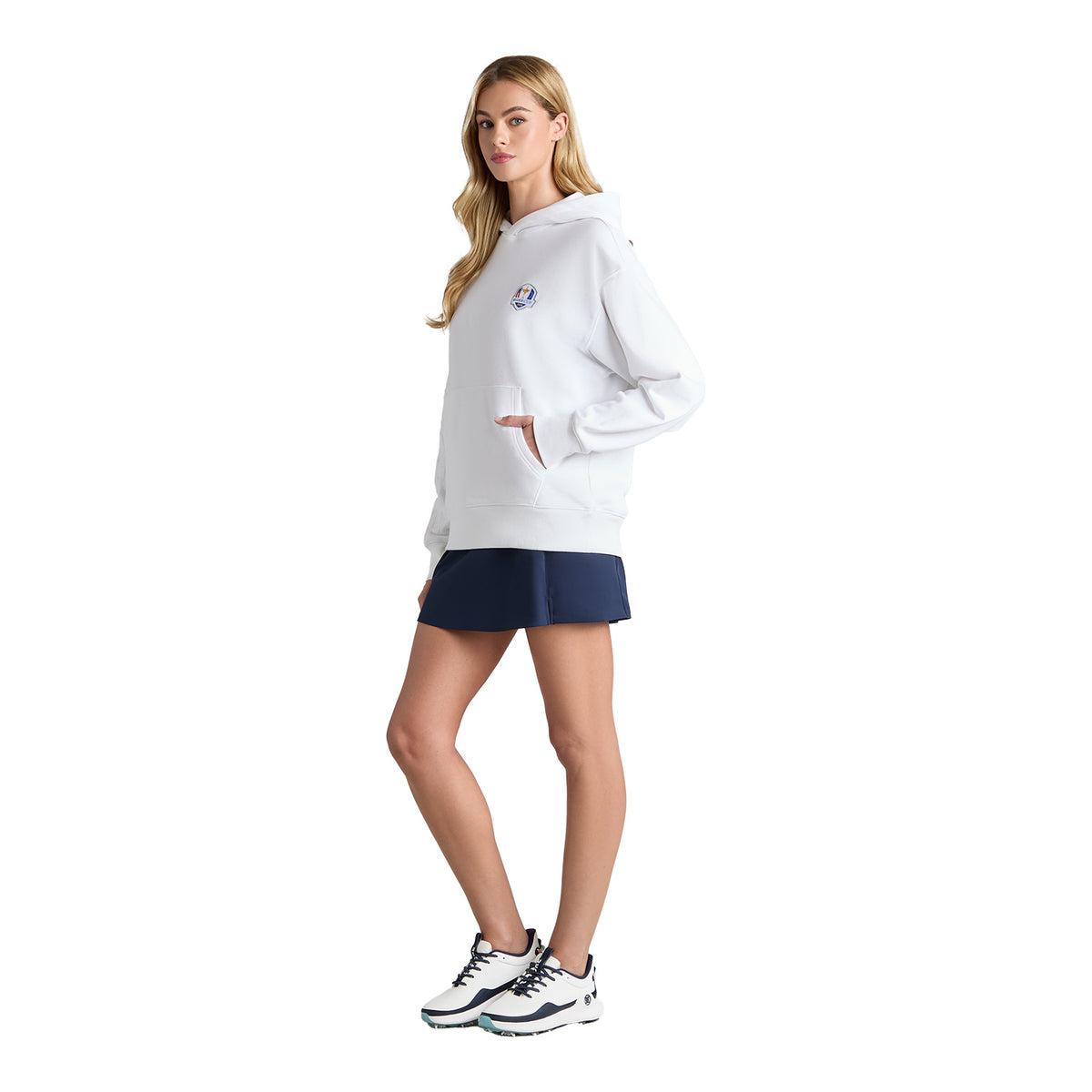 GFORE 2025 Ryder Cup French Terry Hoodie in Snow - Modeled Female Angled Front Left View