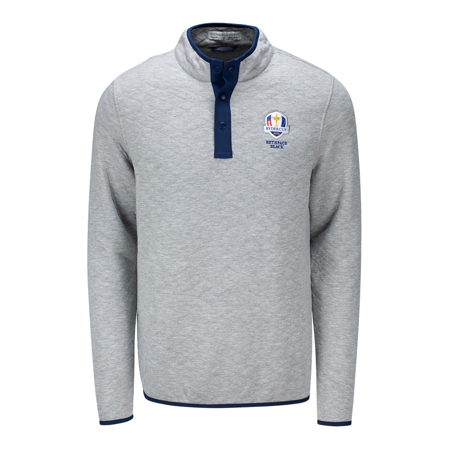 Holderness & Bourne 2025 Ryder Cup Sullivan Quilted Quarter Snap in Heathered Grey and Navy - Front View