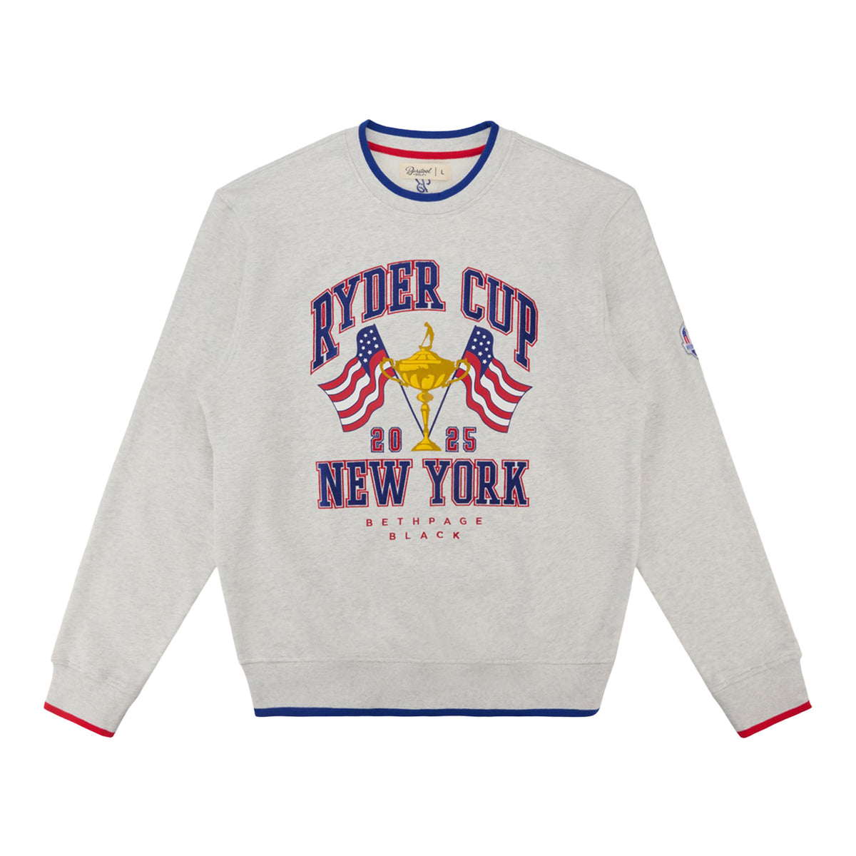 Barstool 2025 Ryder Cup Trophy &amp; Flags Crewneck Sweatshirt in Cool Grey - Front View