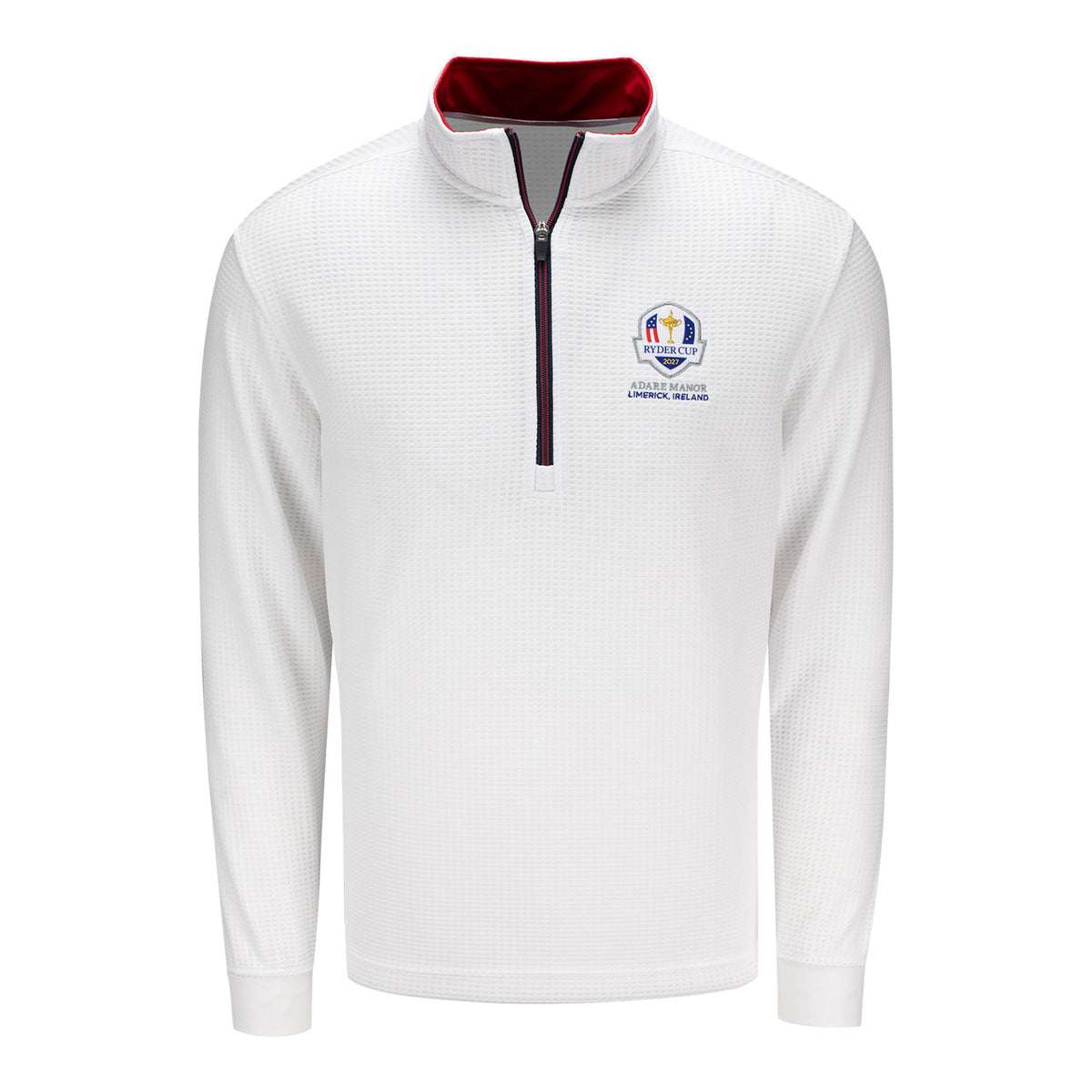 Straight Down 2027 Ryder Cup Optic Quarter Zip in White and Flag Red - Front