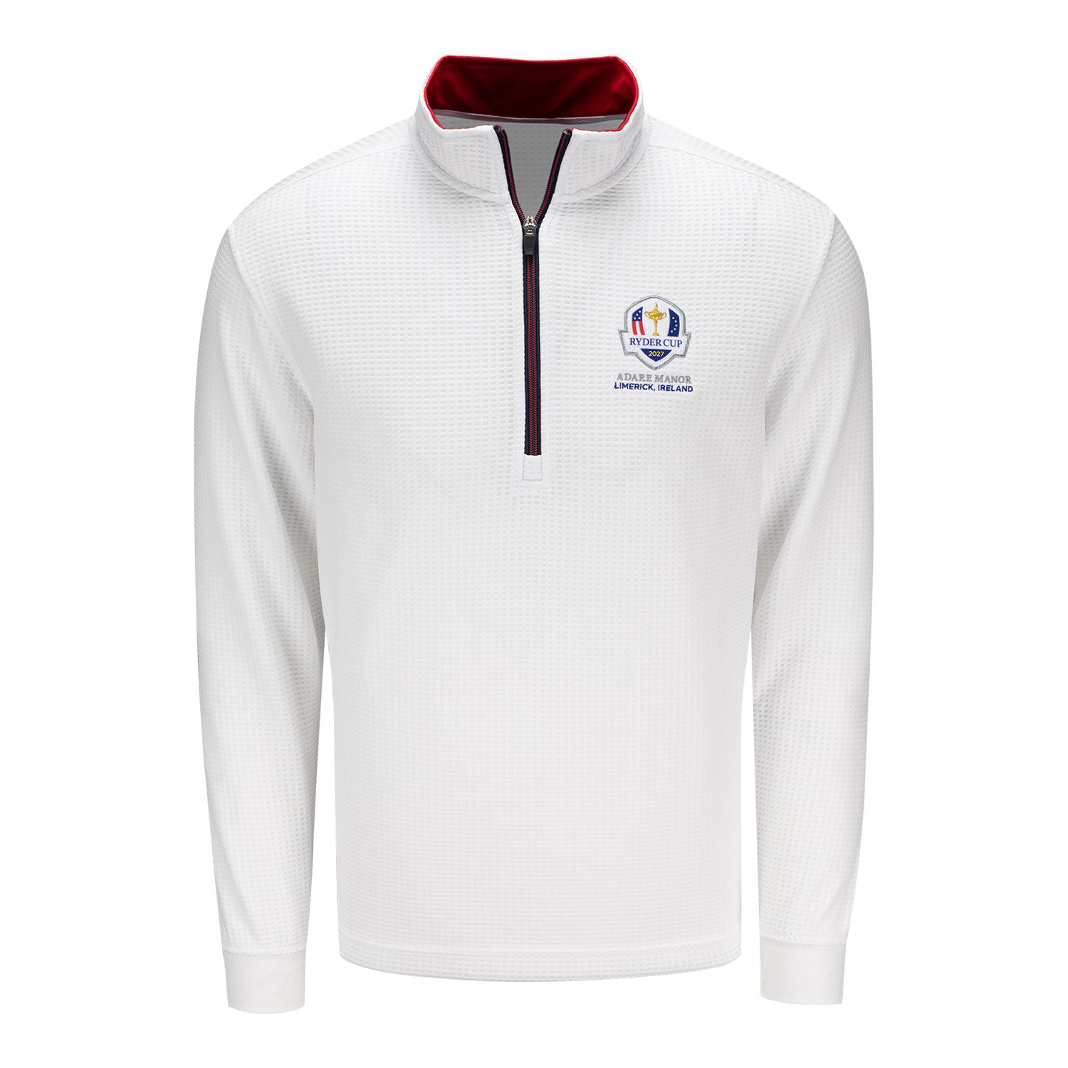Straight Down 2027 Ryder Cup Optic Quarter Zip in White and Flag Red - Front