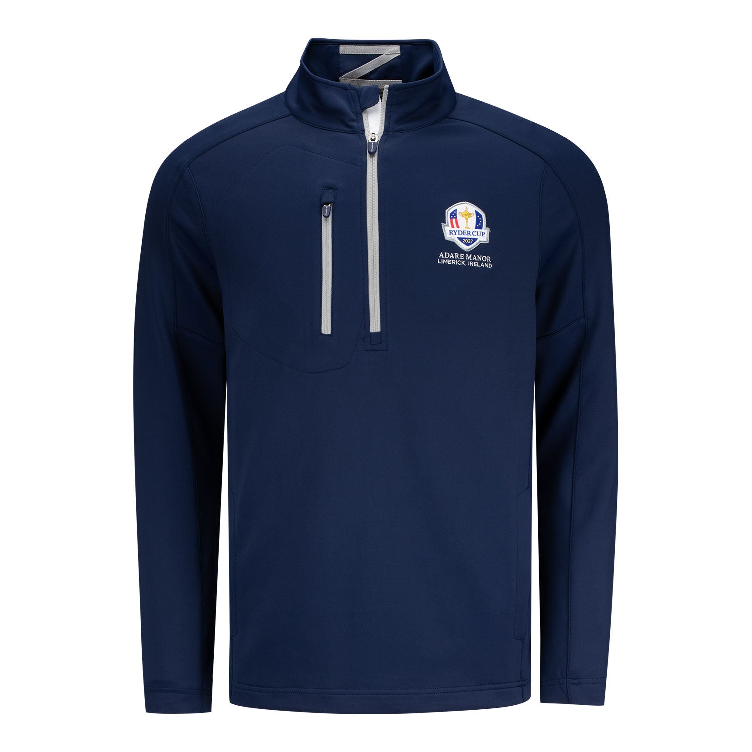 Zero Restriction 2027 Ryder Cup Z500 Performance Quarter Zip in Navy and Metallic Silver - Front